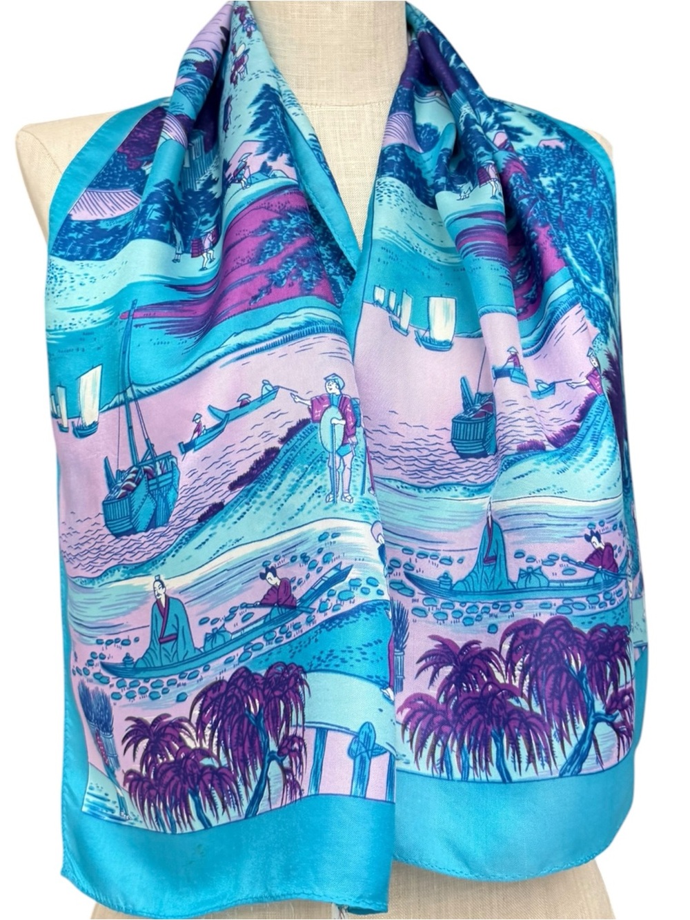 Vintage Asian Scenic Silk Blend Scarf Blue Purple Fishing Town Landscape Scene